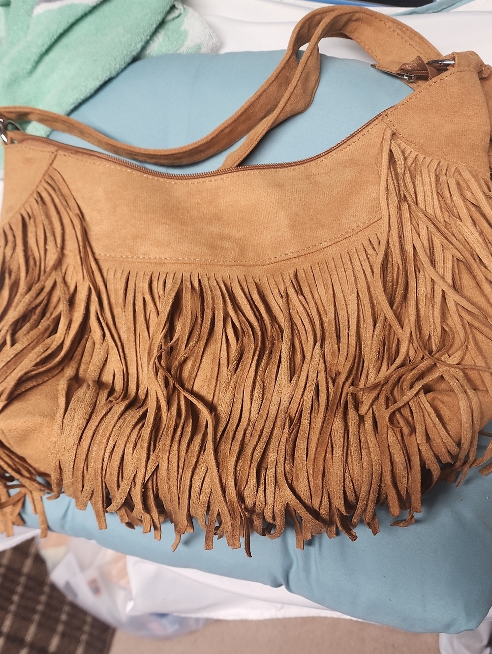 Fringed Suede Shoulder Bag in Tan